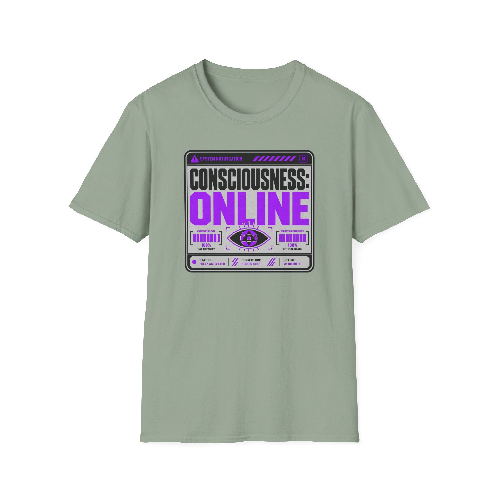Consciousness: ONLINE Graphic T-Shirt — Retro Cybernetic Violet Design