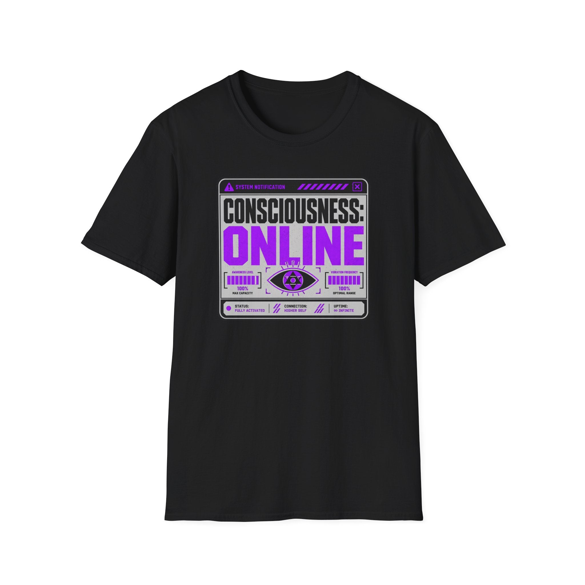Consciousness: ONLINE Graphic T-Shirt — Retro Cybernetic Violet Design