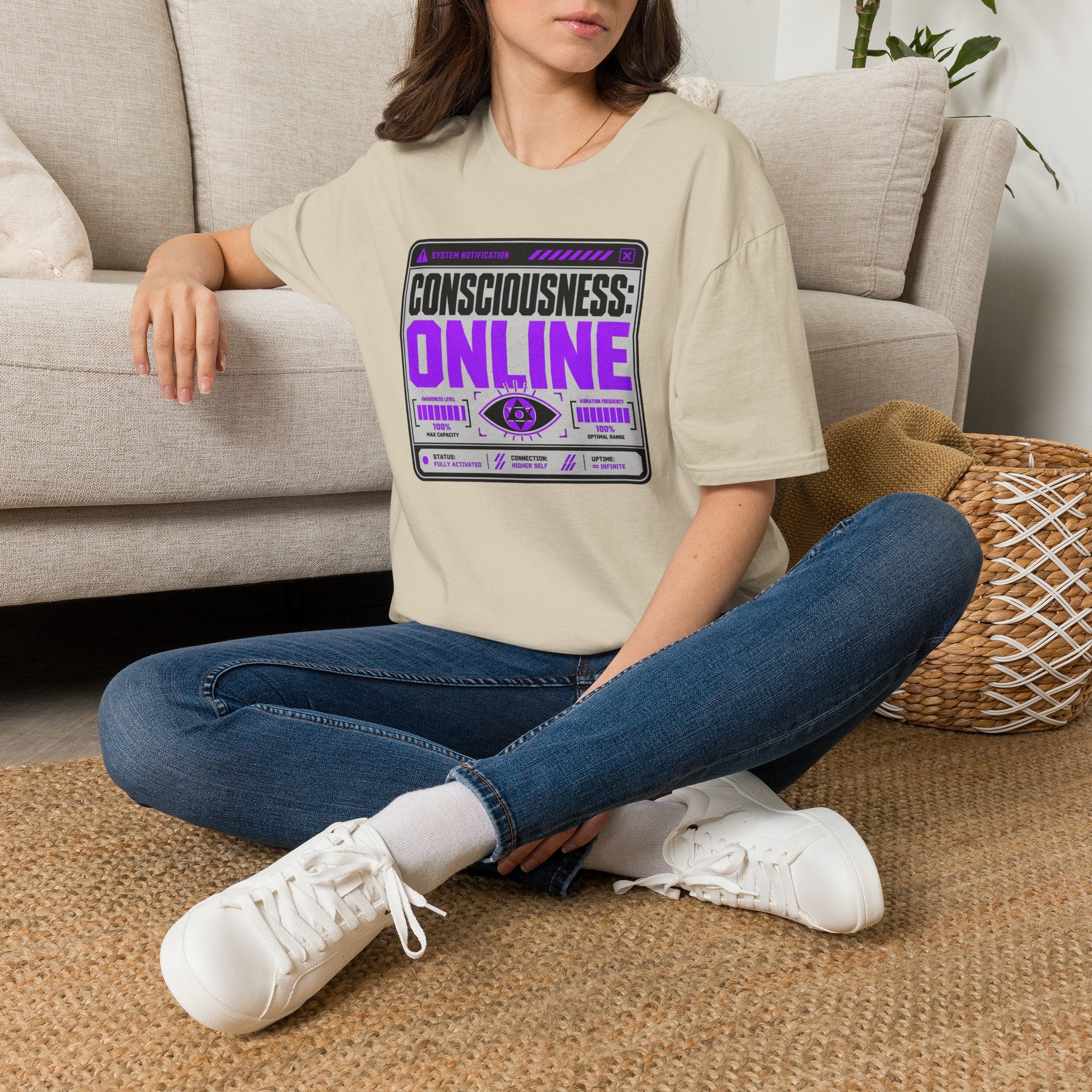 Consciousness: ONLINE Graphic T-Shirt — Retro Cybernetic Violet Design