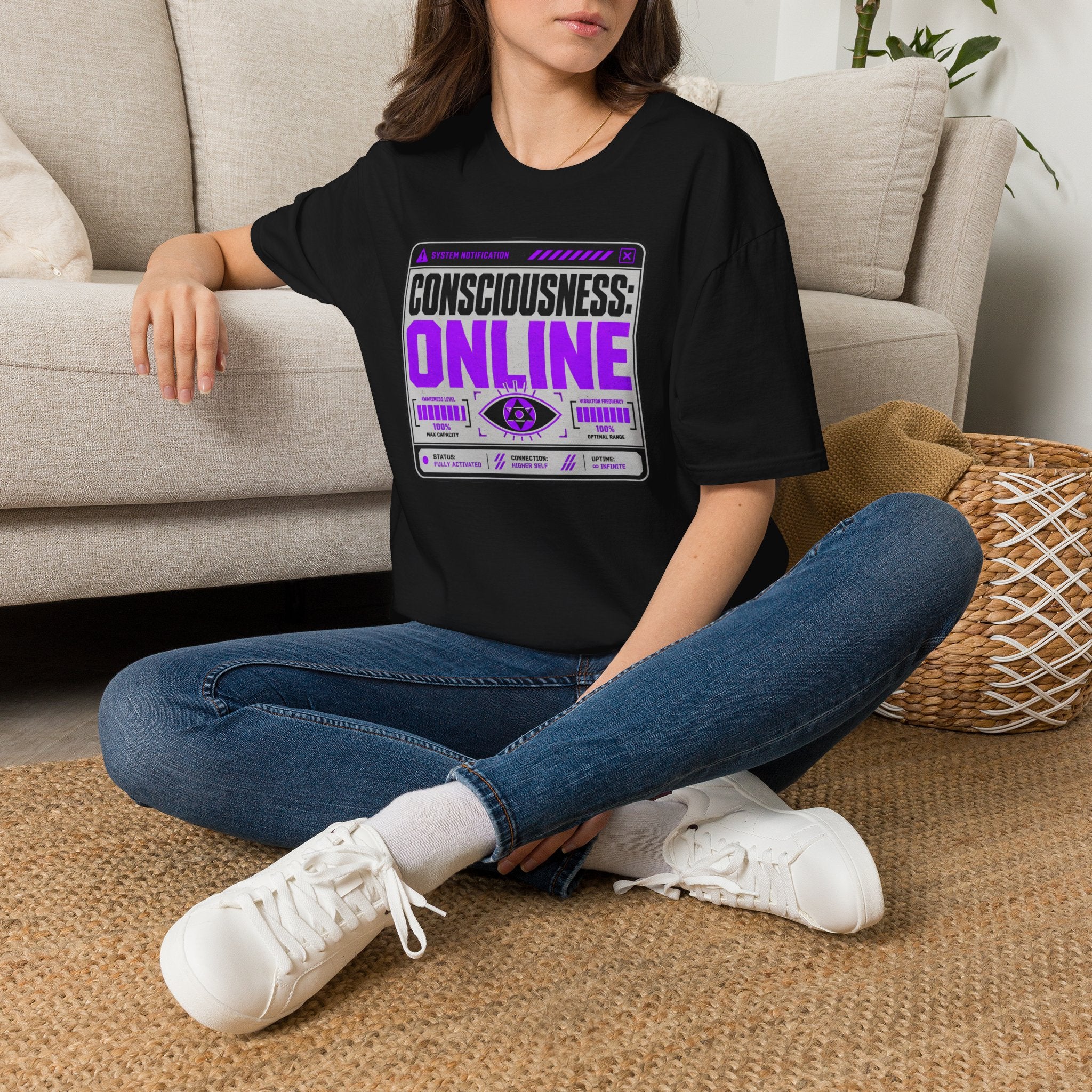 Consciousness: ONLINE Graphic T-Shirt — Retro Cybernetic Violet Design