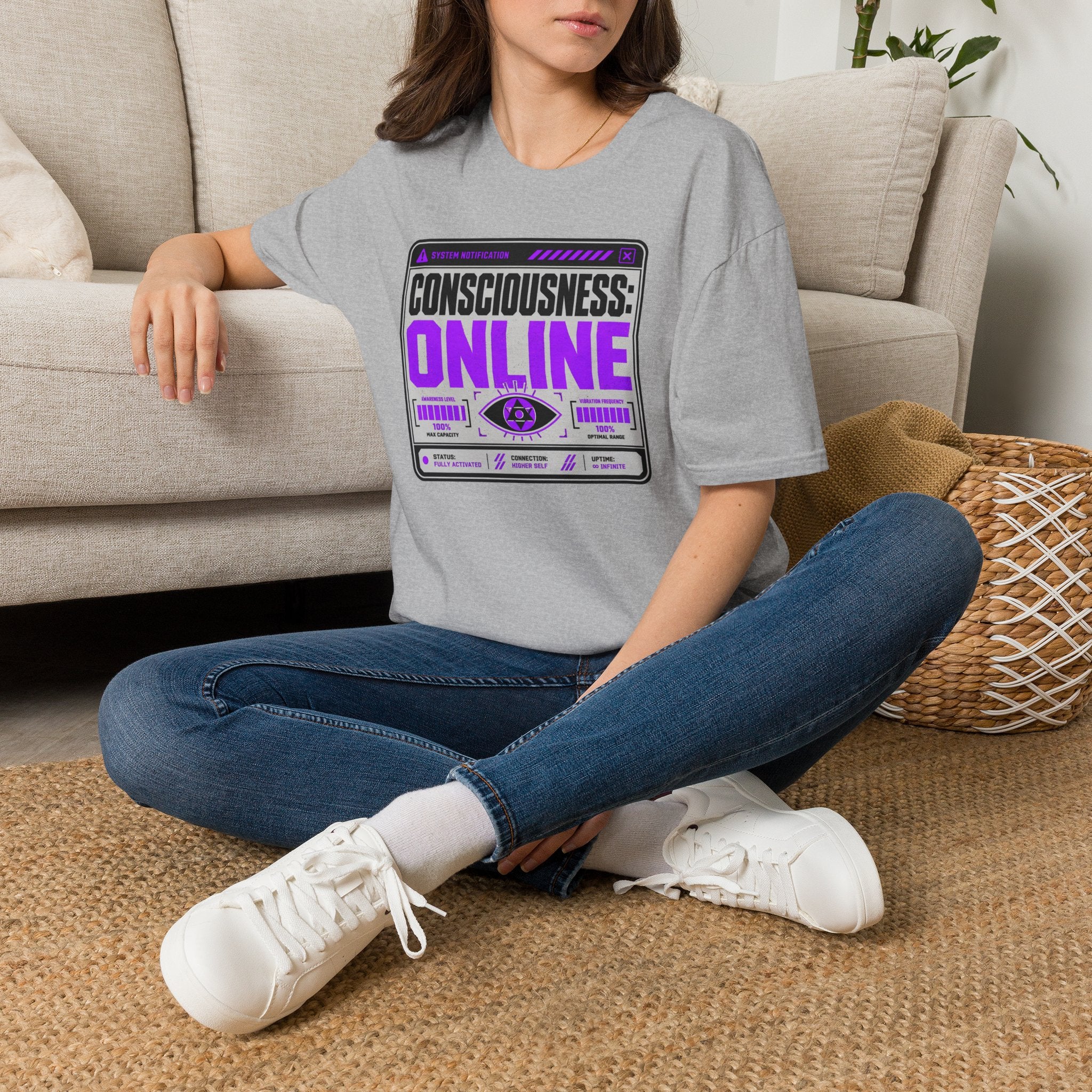 Consciousness: ONLINE Graphic T-Shirt — Retro Cybernetic Violet Design