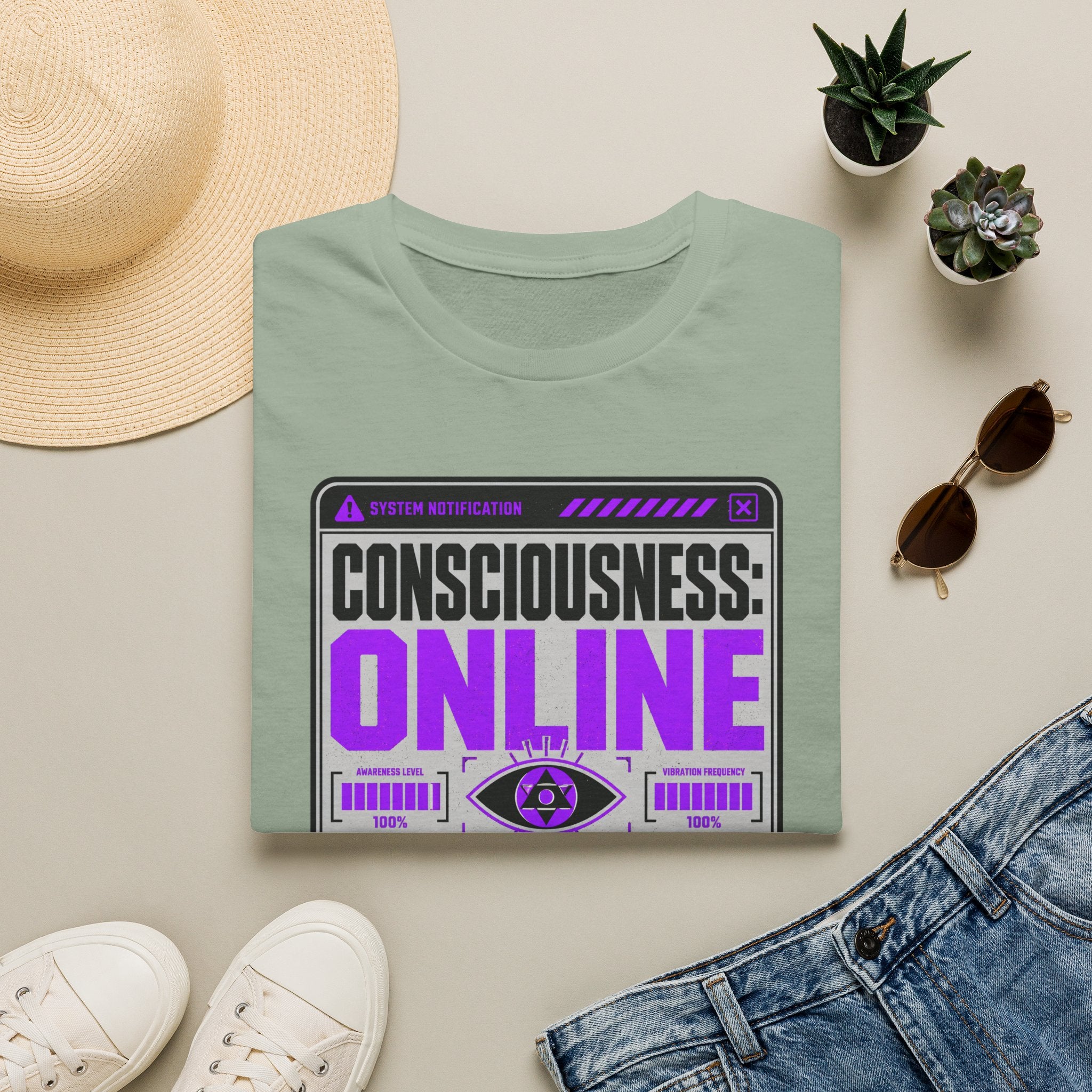 Consciousness: ONLINE Graphic T-Shirt — Retro Cybernetic Violet Design