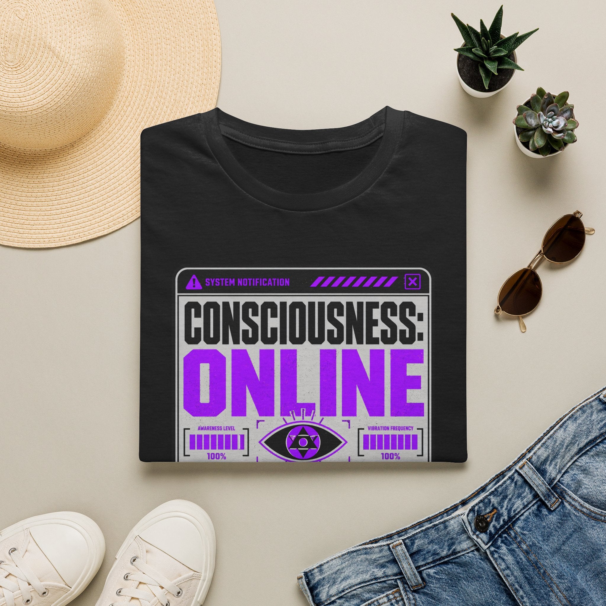 Consciousness: ONLINE Graphic T-Shirt — Retro Cybernetic Violet Design