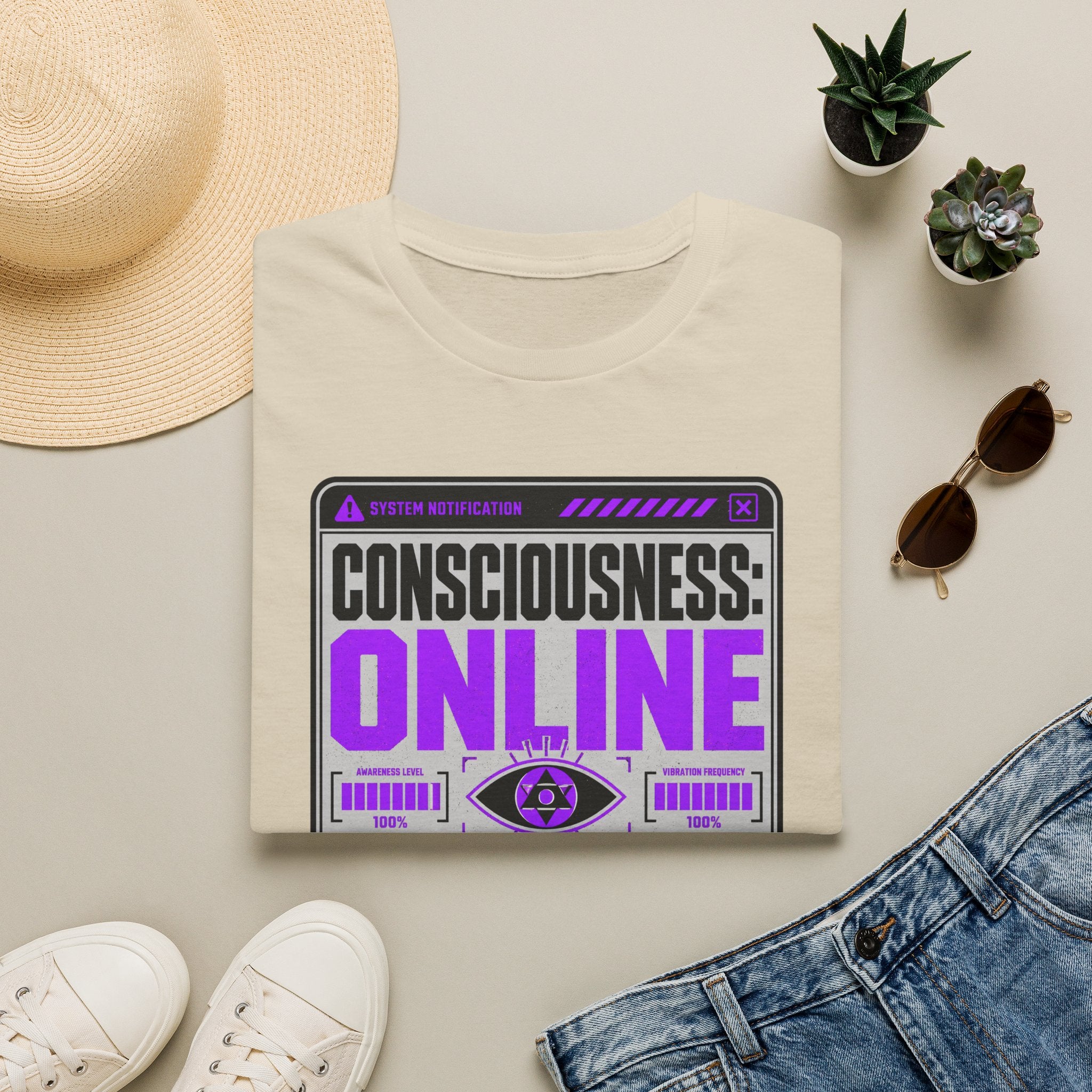 Consciousness: ONLINE Graphic T-Shirt — Retro Cybernetic Violet Design