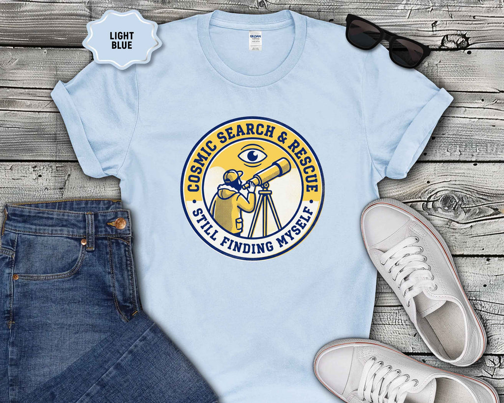T-Shirt — Cosmic Search & Rescue “Still Finding Myself” Telescope Graphic