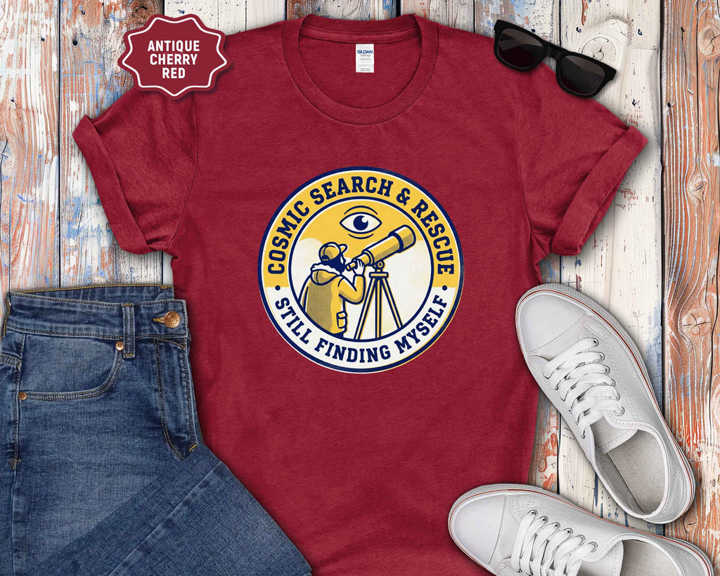 T-Shirt — Cosmic Search & Rescue “Still Finding Myself” Telescope Graphic