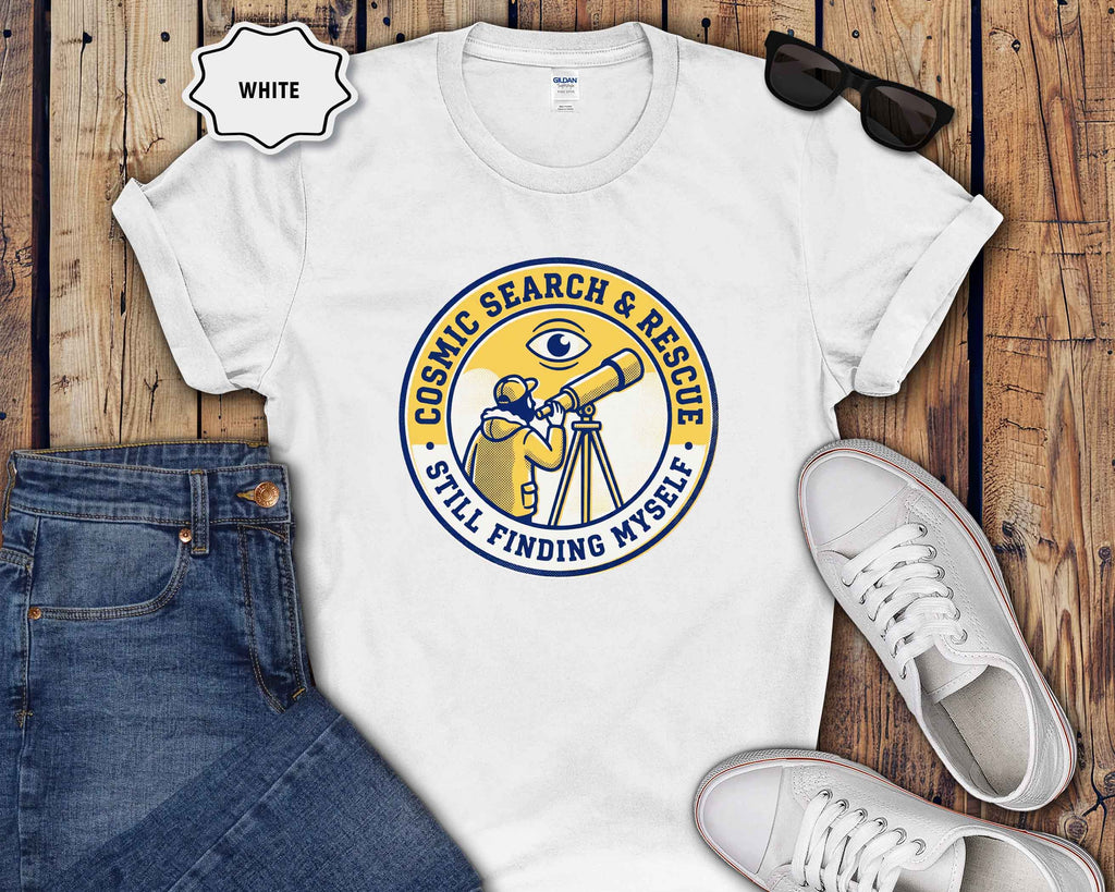 T-Shirt — Cosmic Search & Rescue “Still Finding Myself” Telescope Graphic