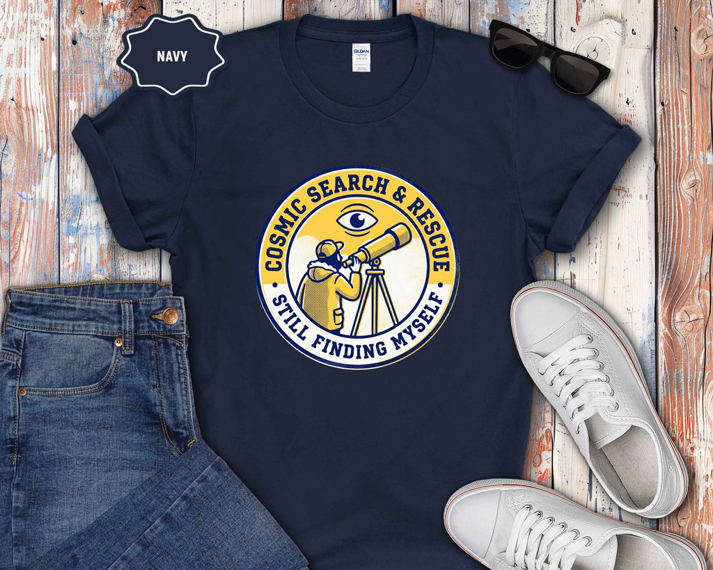 T-Shirt — Cosmic Search & Rescue “Still Finding Myself” Telescope Graphic