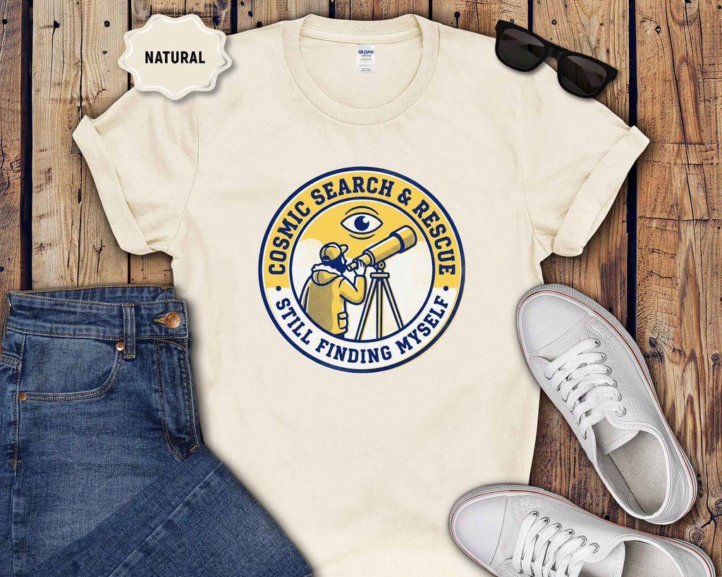 T-Shirt — Cosmic Search & Rescue “Still Finding Myself” Telescope Graphic