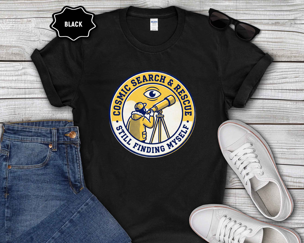 T-Shirt — Cosmic Search & Rescue “Still Finding Myself” Telescope Graphic