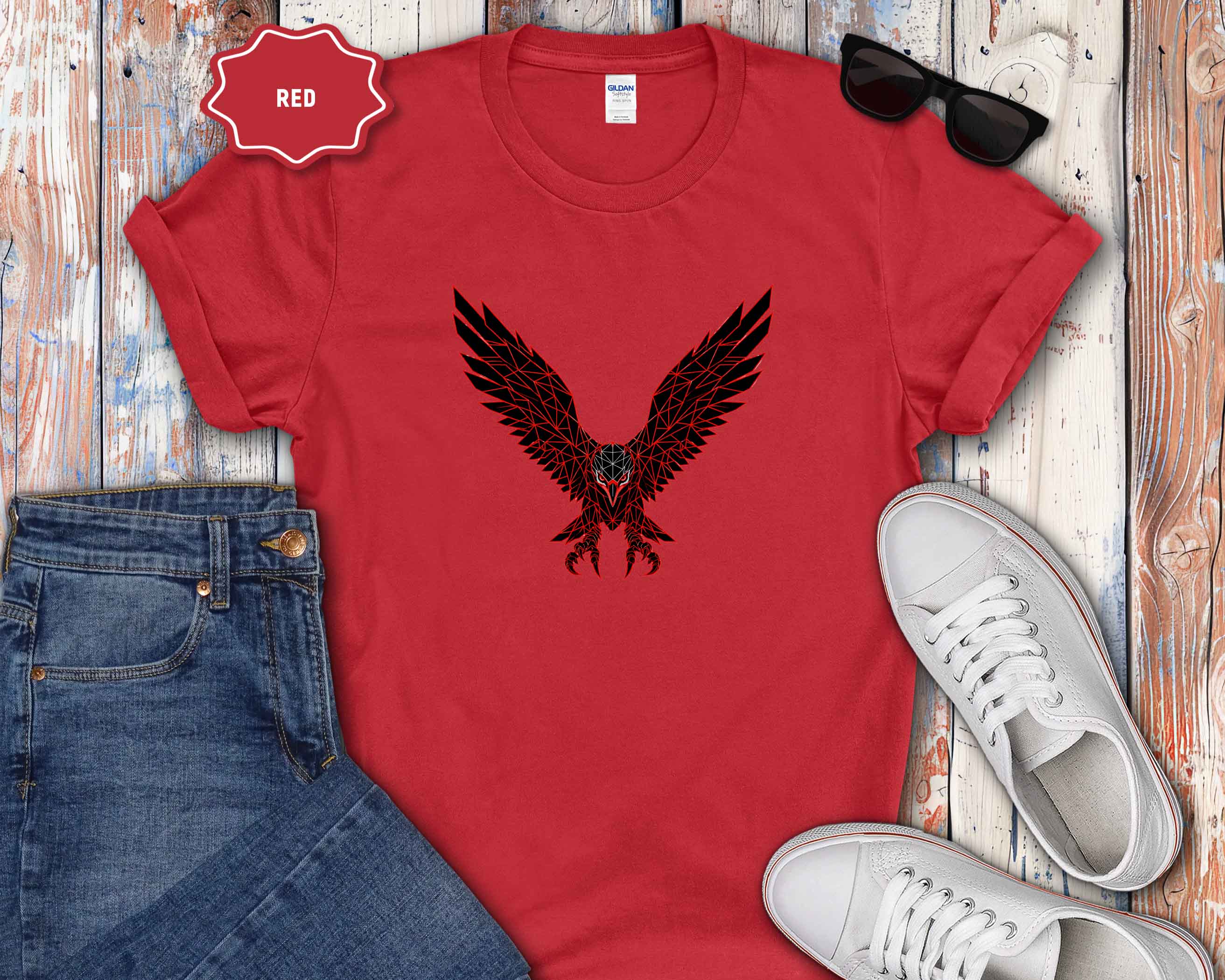 Eagle Wings Graphic T-Shirt — Soaring Red & Black Bird Design