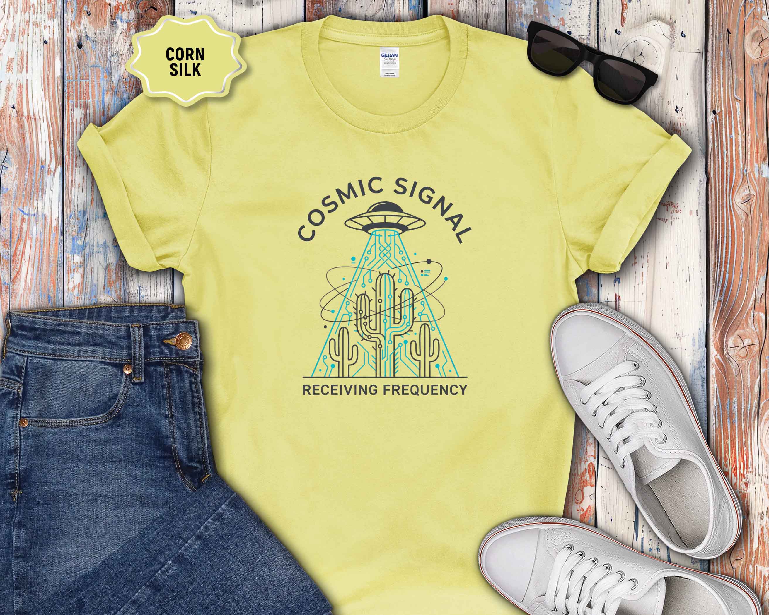 Cosmic Signal T-Shirt – Retro UFO & Cactus Graphic Tee