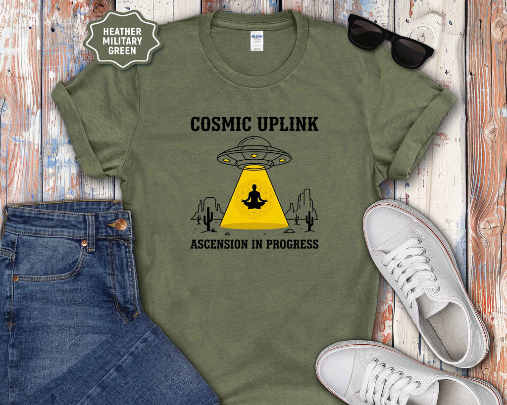 Cosmic Uplink T-Shirt — UFO Meditation Graphic Tee ("Ascension in Progress")
