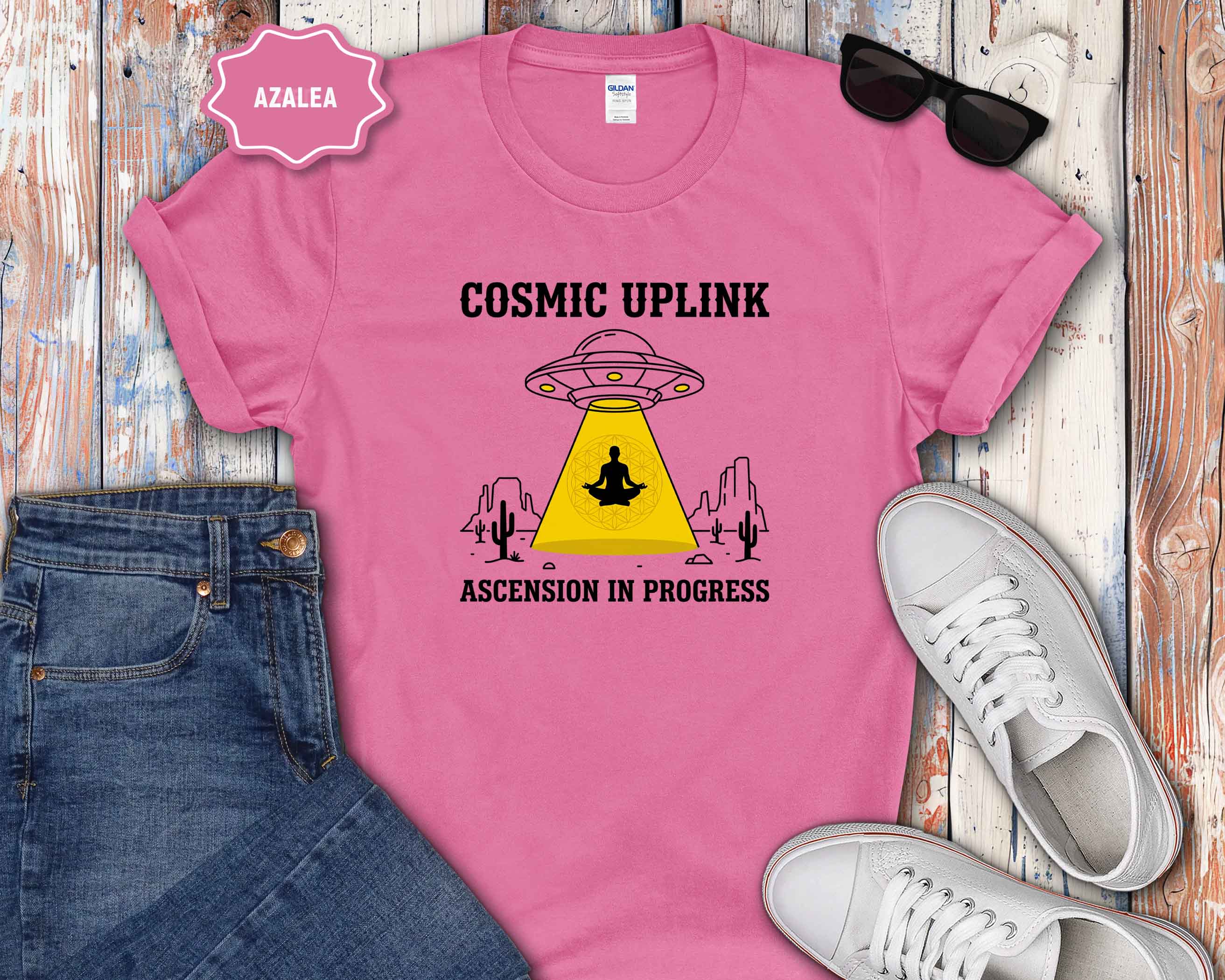 Cosmic Uplink T-Shirt — UFO Meditation Graphic Tee ("Ascension in Progress")