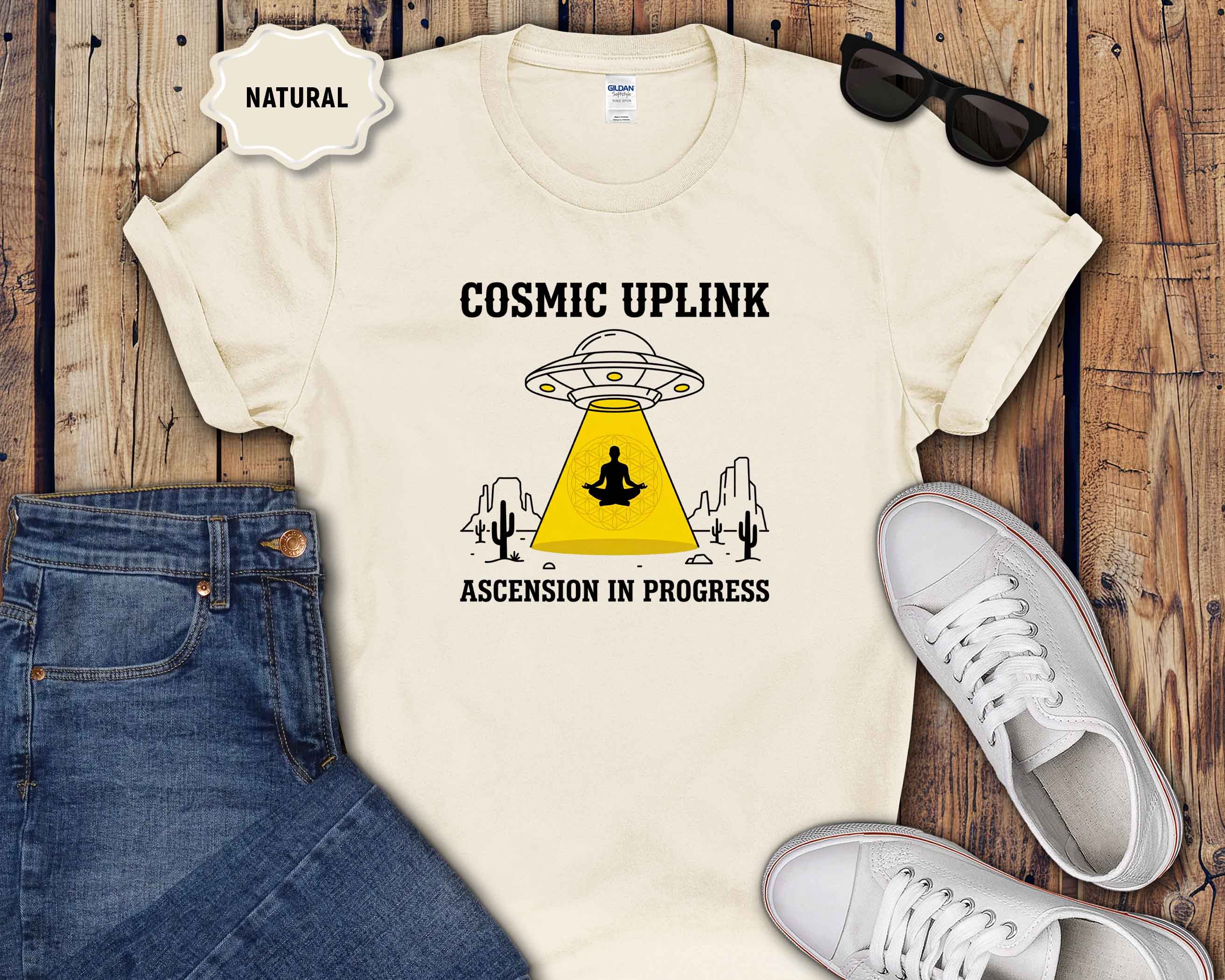 Cosmic Uplink T-Shirt — UFO Meditation Graphic Tee ("Ascension in Progress")