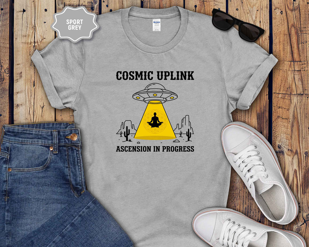 Cosmic Uplink T-Shirt — UFO Meditation Graphic Tee ("Ascension in Progress")