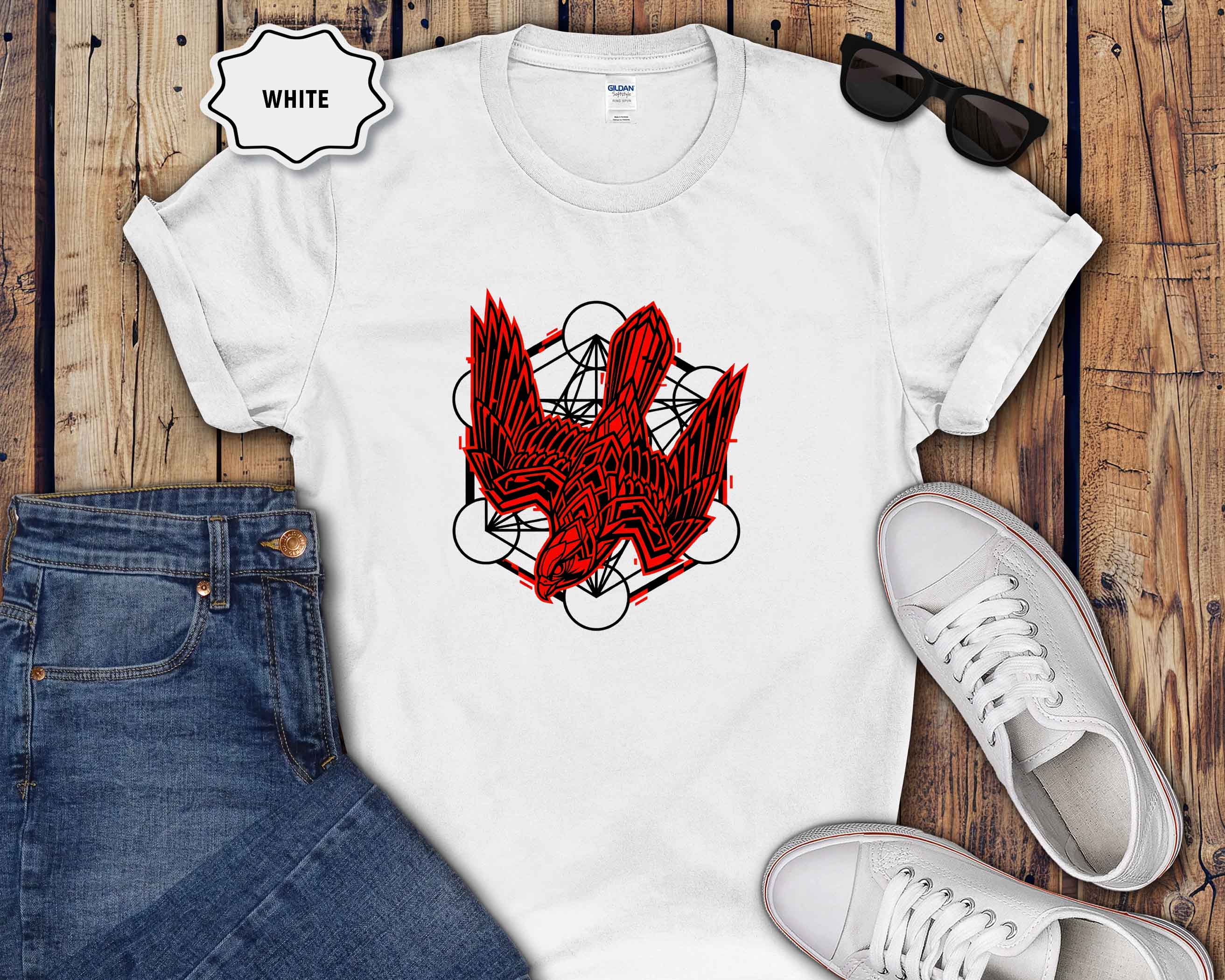 Graphic T-Shirt — Red Eagle Design with Geometric Lines