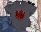 Graphic T-Shirt — Red Eagle Design with Geometric Lines