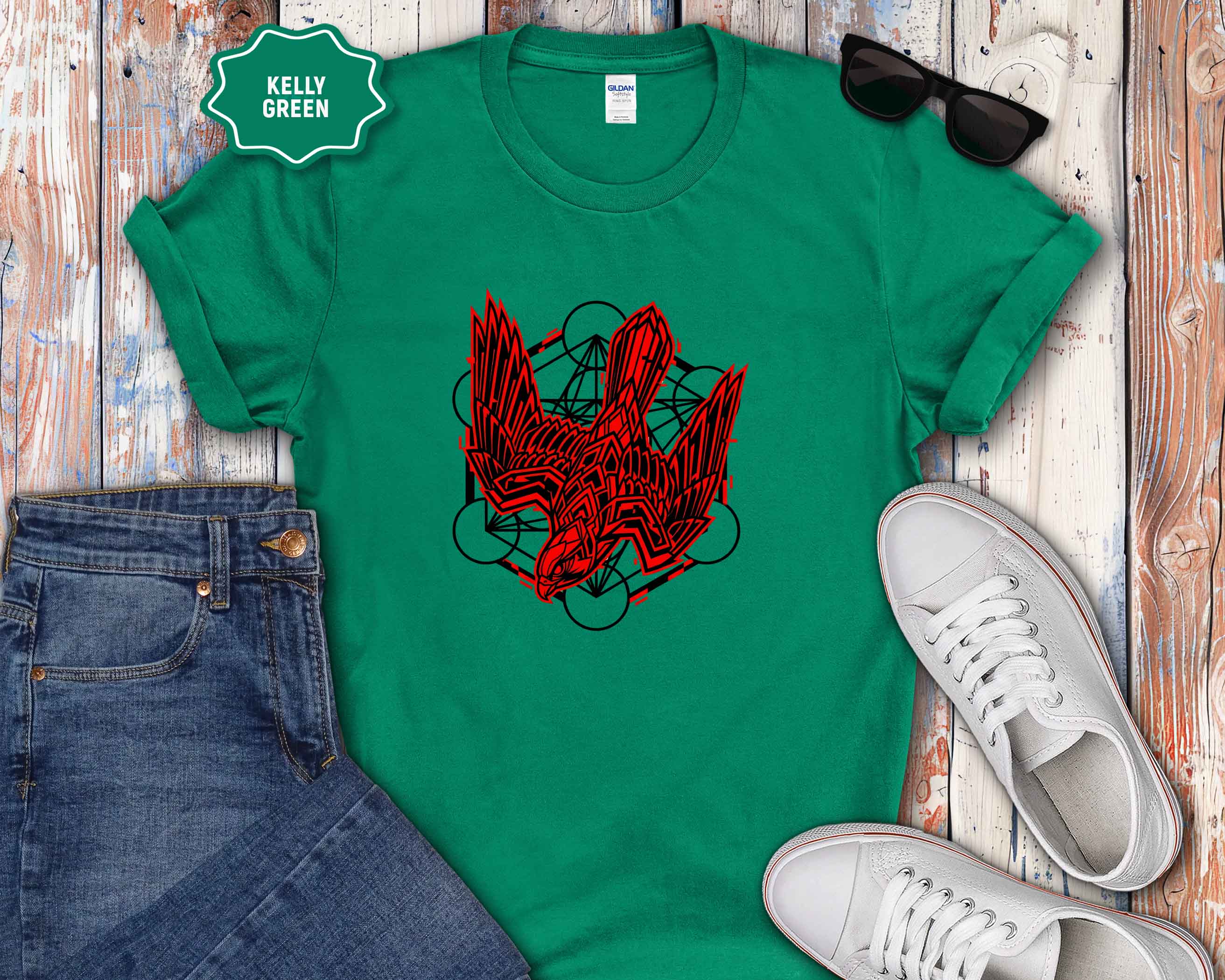 Graphic T-Shirt — Red Eagle Design with Geometric Lines