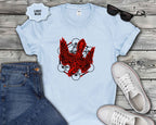 Graphic T-Shirt — Red Eagle Design with Geometric Lines