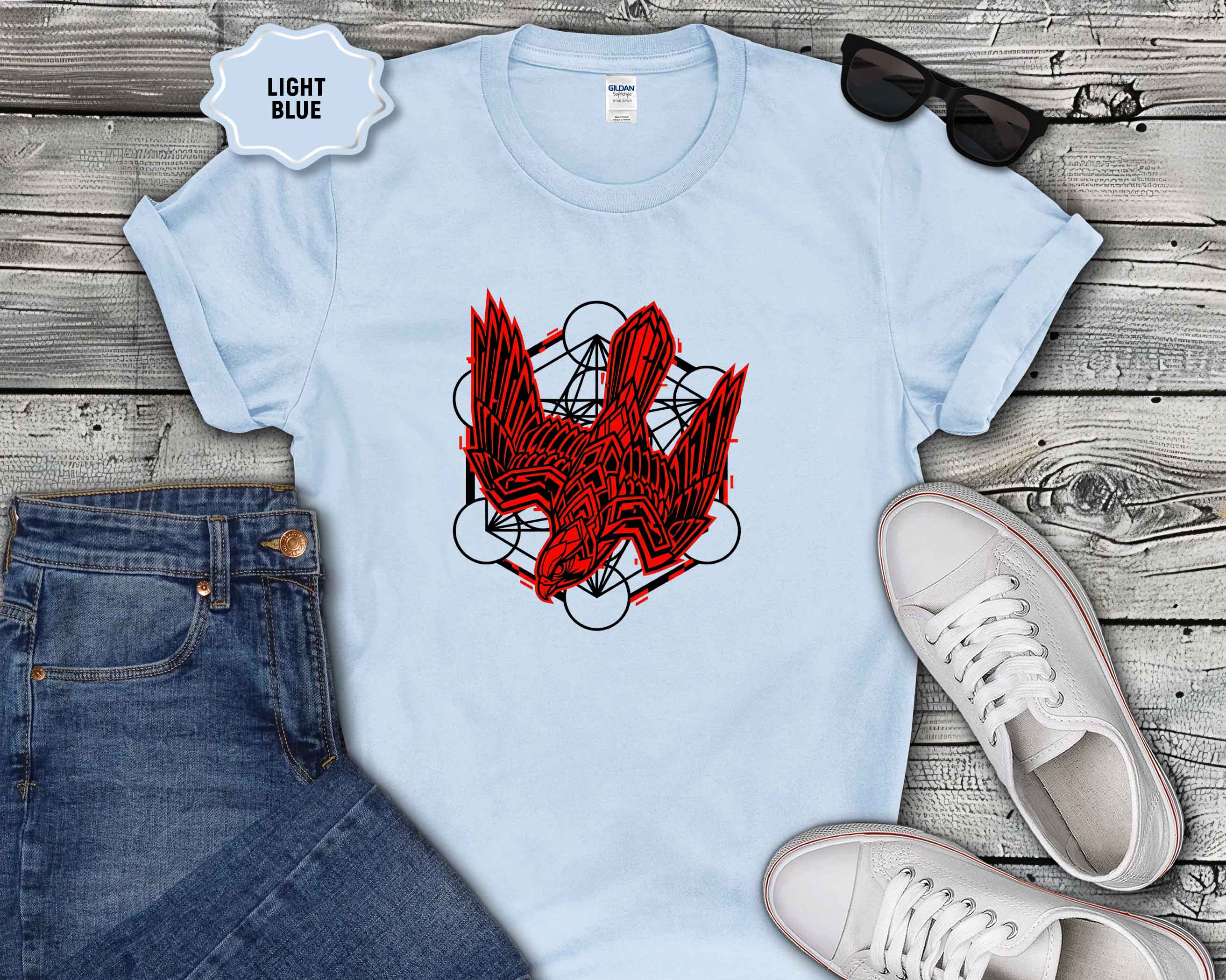 Graphic T-Shirt — Red Eagle Design with Geometric Lines