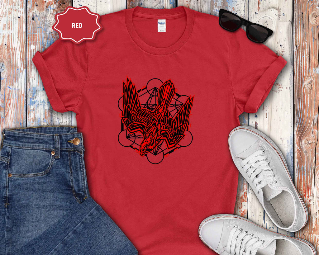 Graphic T-Shirt — Red Eagle Design with Geometric Lines