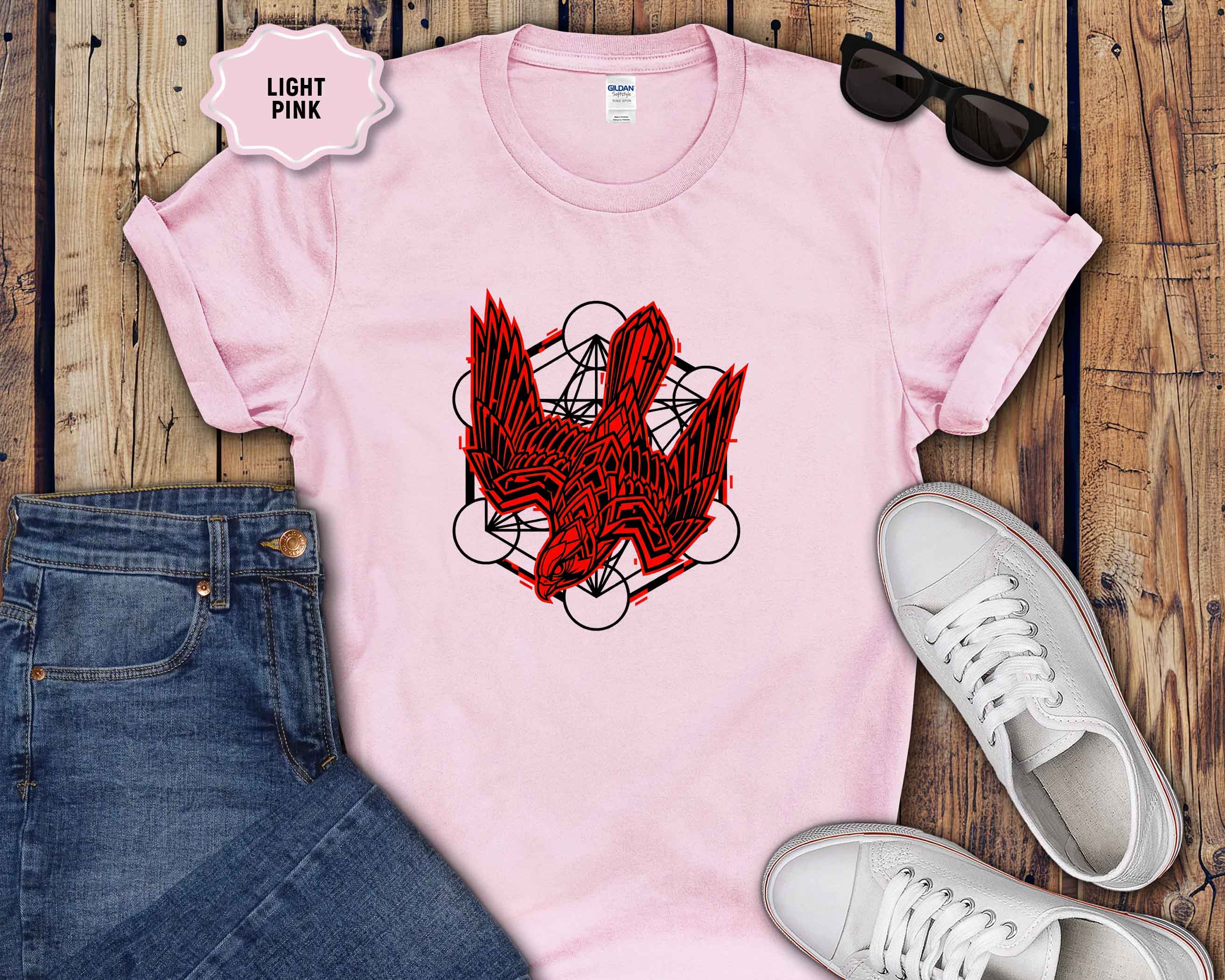 Graphic T-Shirt — Red Eagle Design with Geometric Lines