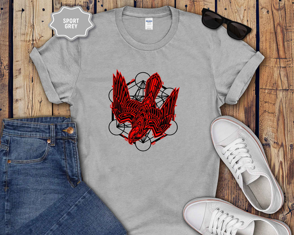 Graphic T-Shirt — Red Eagle Design with Geometric Lines