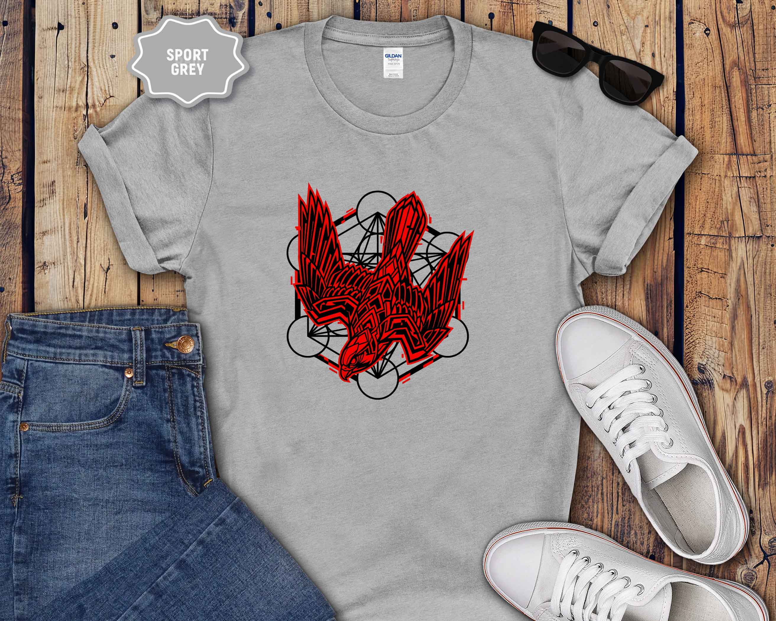 Graphic T-Shirt — Red Eagle Design with Geometric Lines
