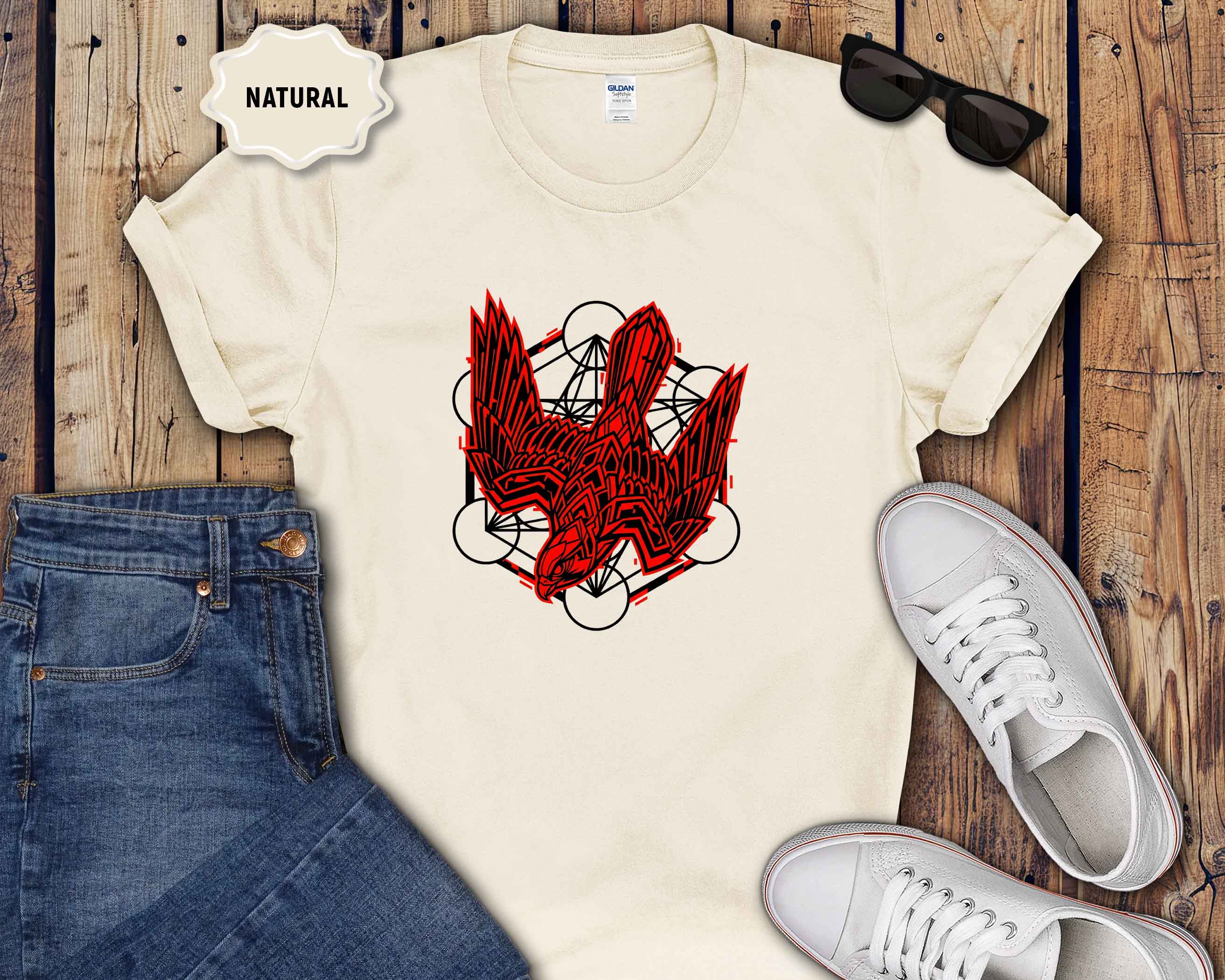 Graphic T-Shirt — Red Eagle Design with Geometric Lines