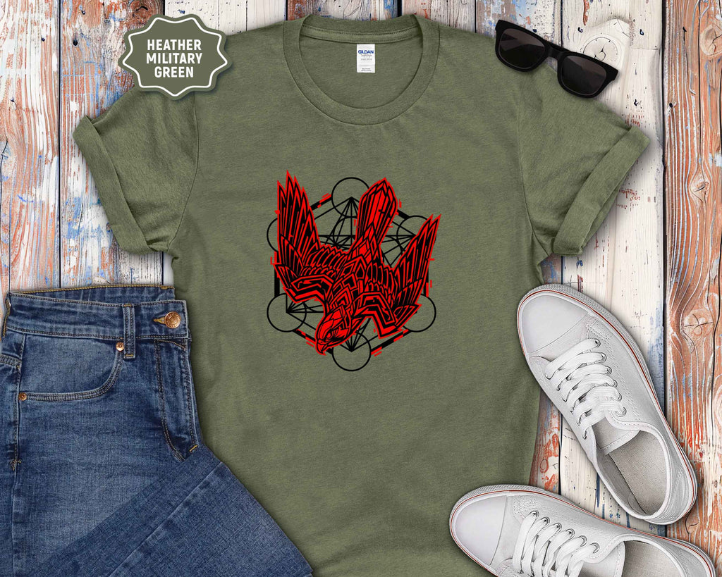 Graphic T-Shirt — Red Eagle Design with Geometric Lines