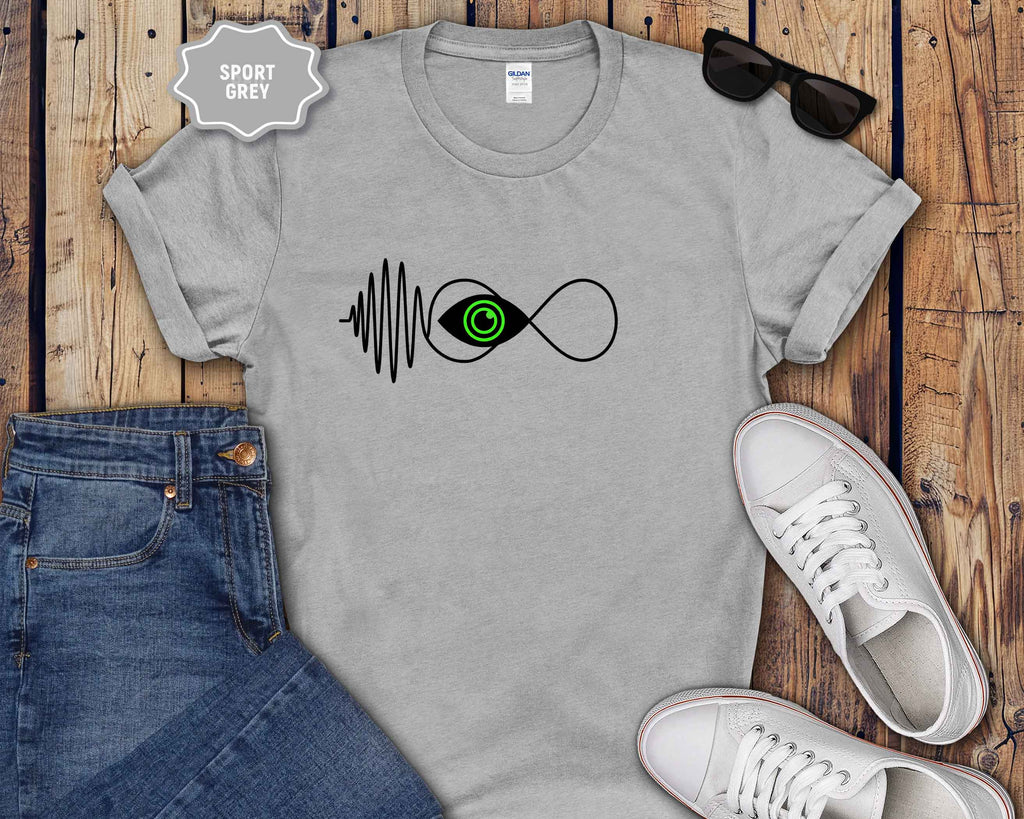 Infinity Wave Eye T-Shirt — Minimalist Soundwave & Green Eye Design