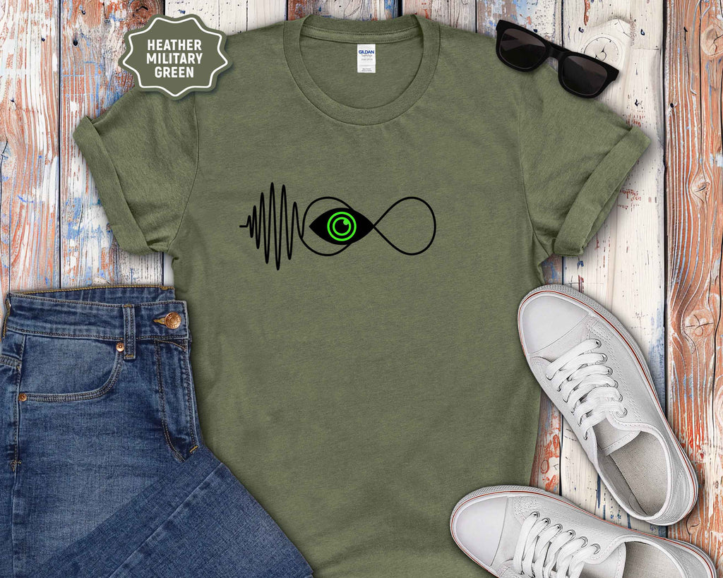 Infinity Wave Eye T-Shirt — Minimalist Soundwave & Green Eye Design