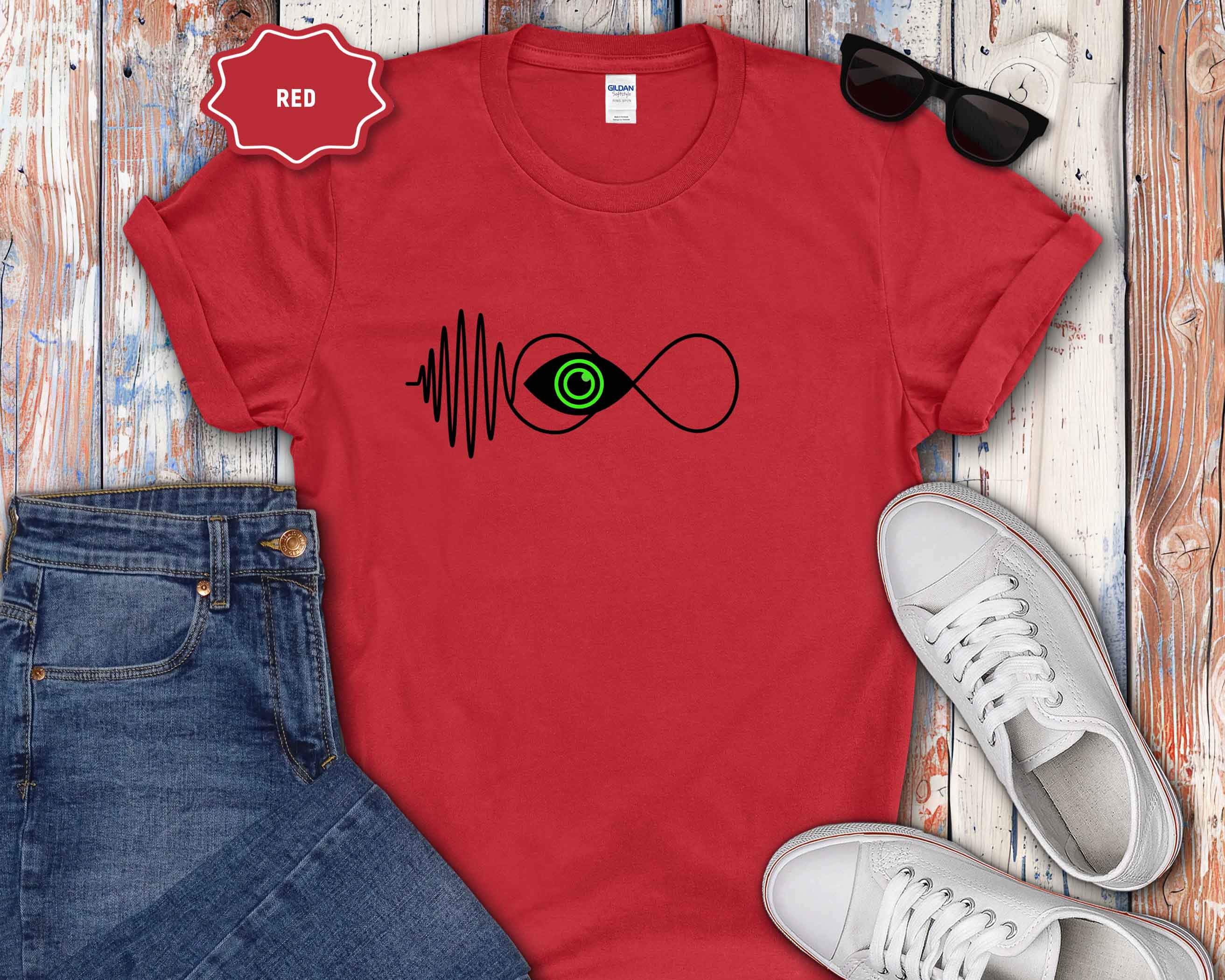 Infinity Wave Eye T-Shirt — Minimalist Soundwave & Green Eye Design