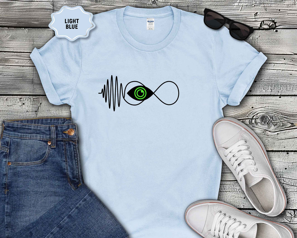 Infinity Wave Eye T-Shirt — Minimalist Soundwave & Green Eye Design