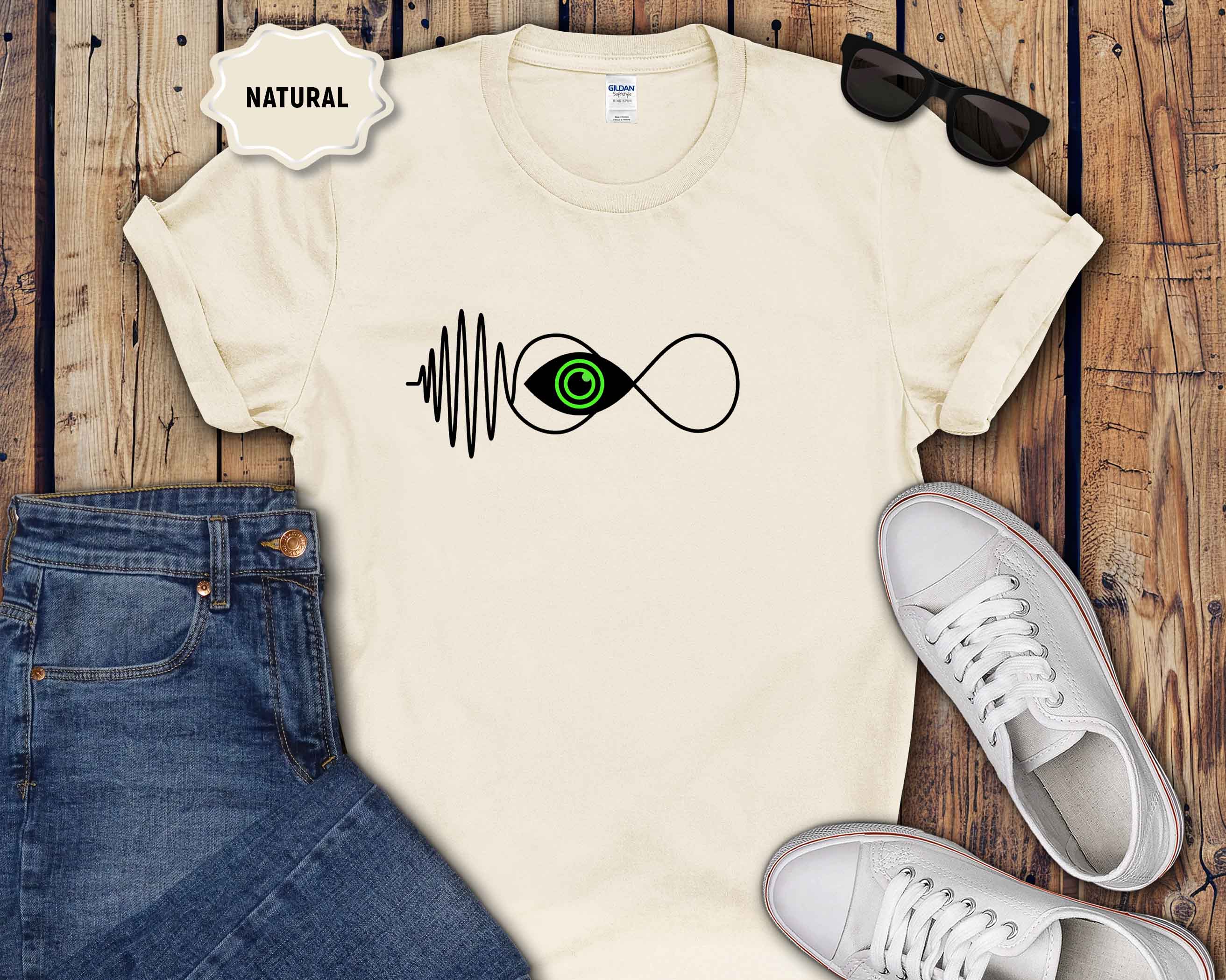 Infinity Wave Eye T-Shirt — Minimalist Soundwave & Green Eye Design
