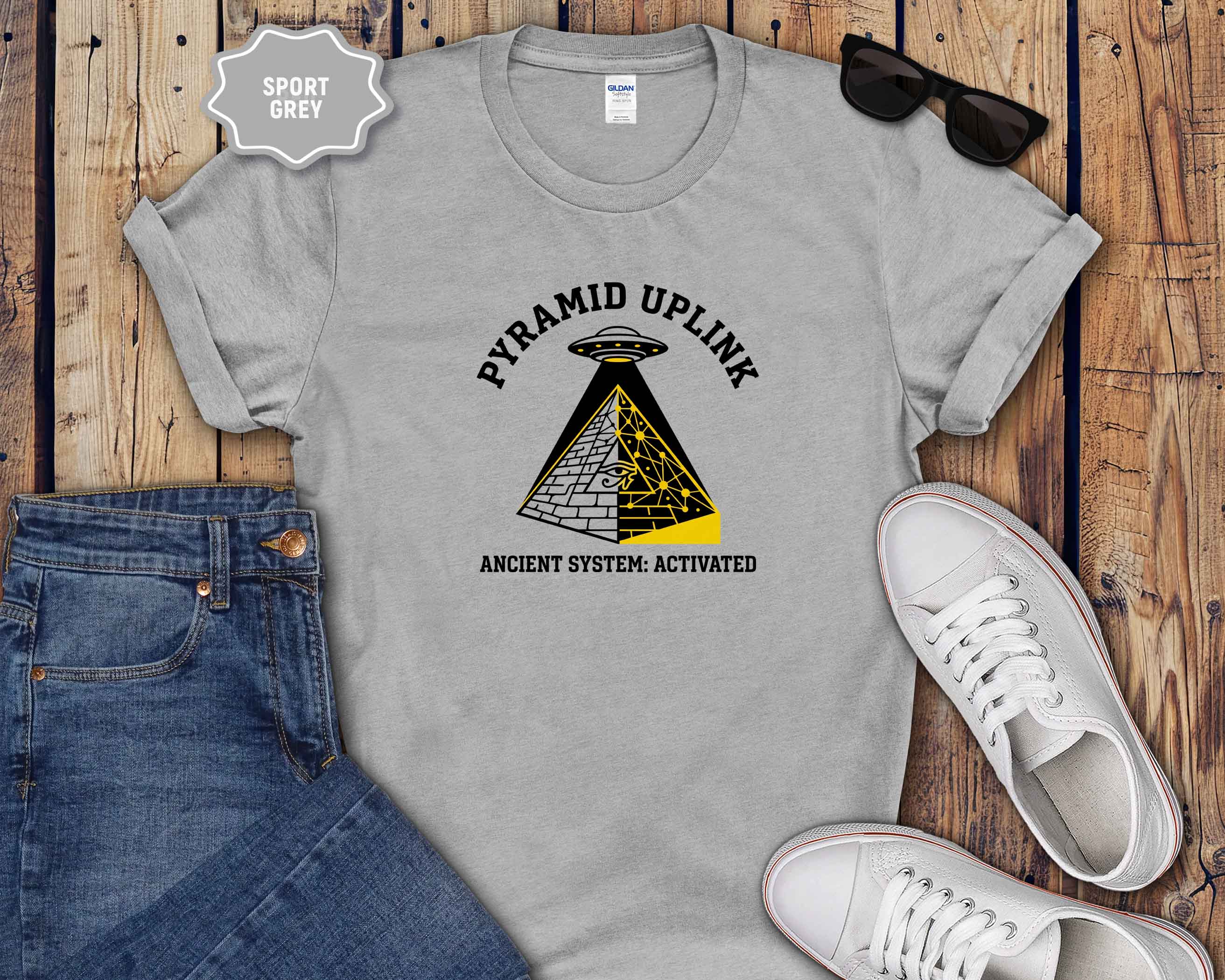 Pyramid Uplink T-Shirt — UFO & Ancient Pyramid Graphic Tee