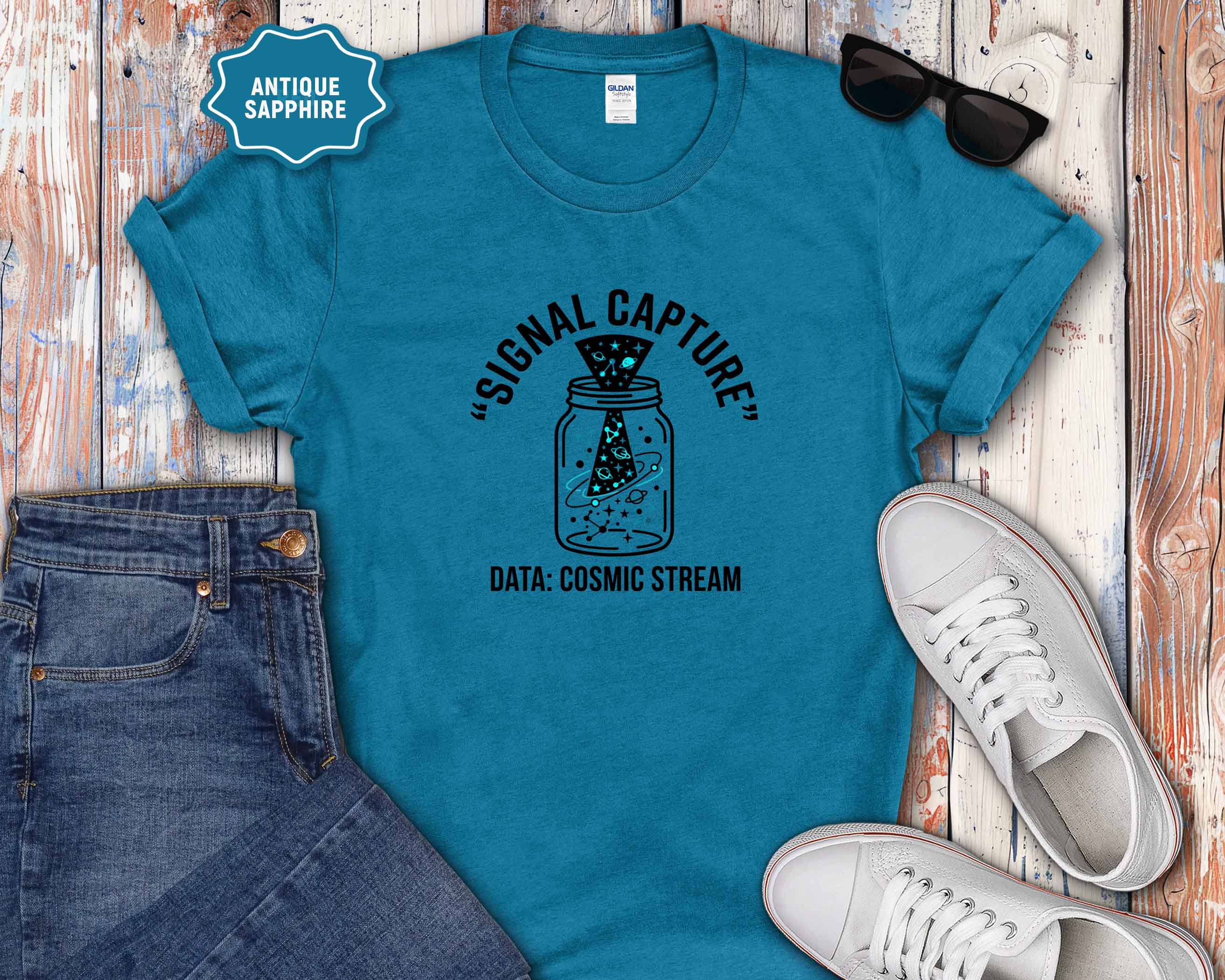Signal Capture T-Shirt — Mason Jar Cosmic Stream Graphic Tee