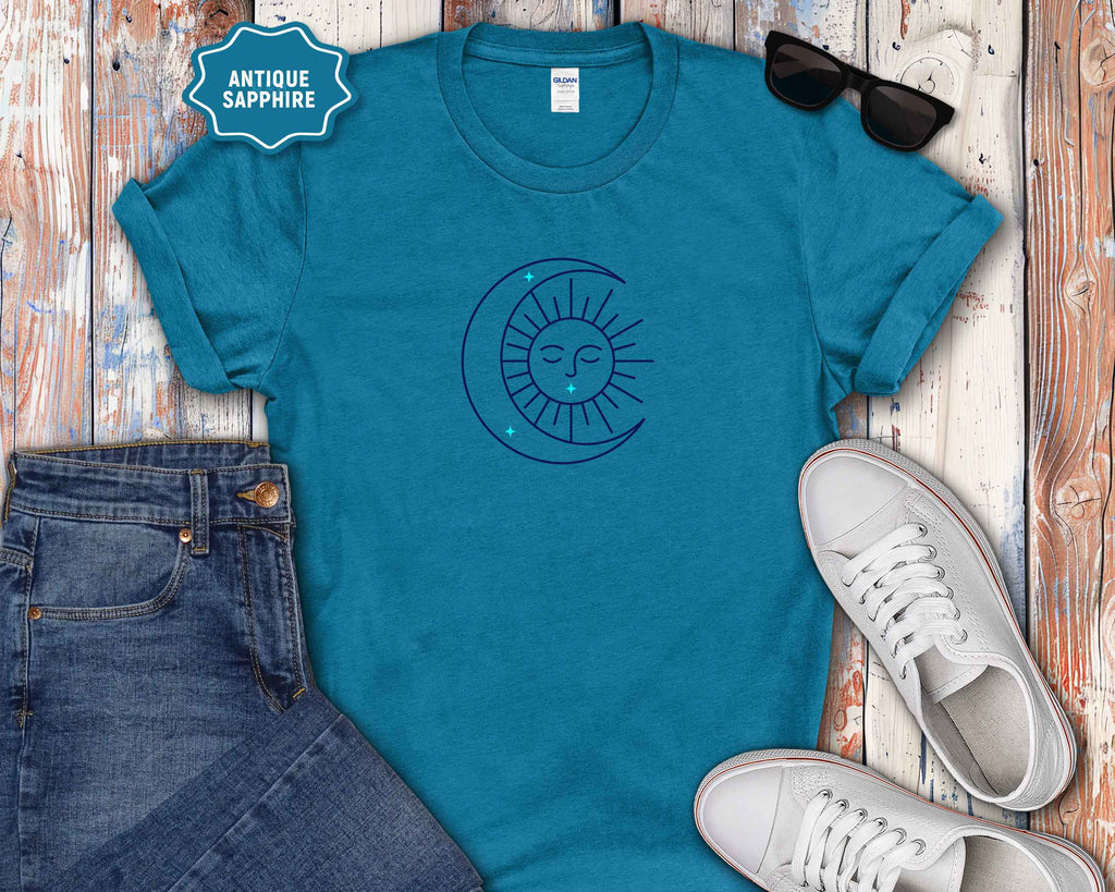 Celestial Sun & Crescent Moon T‑Shirt — Minimal Graphic Tee