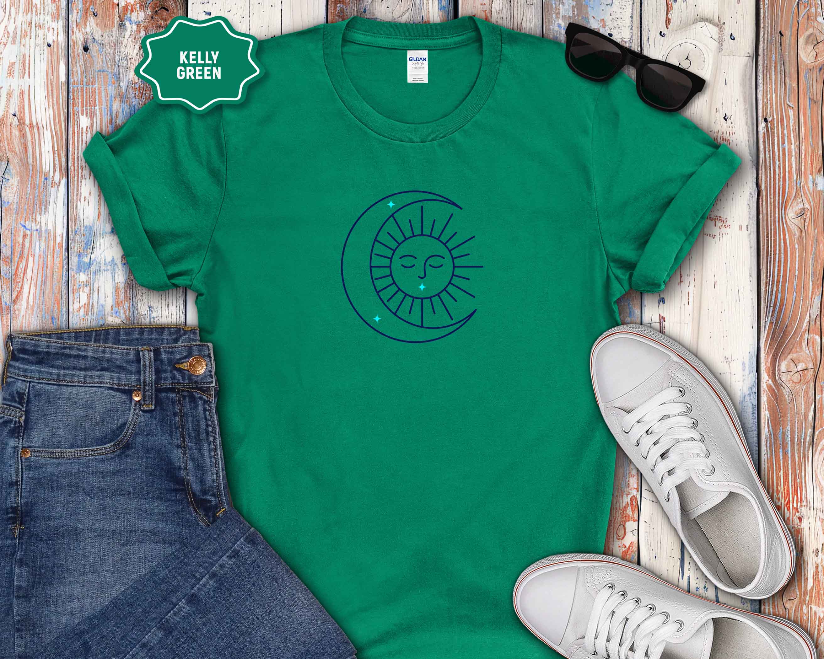 Celestial Sun & Crescent Moon T‑Shirt — Minimal Graphic Tee