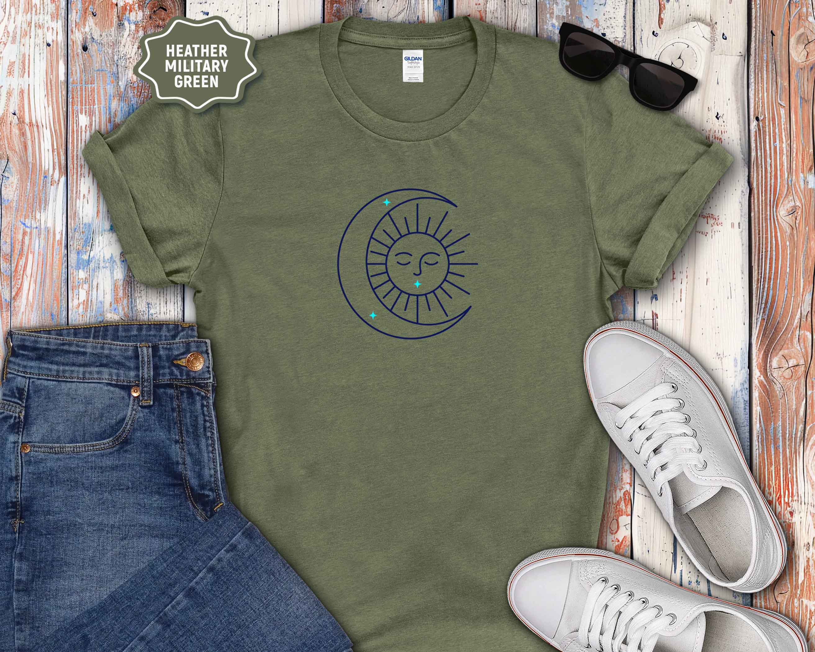 Celestial Sun & Crescent Moon T‑Shirt — Minimal Graphic Tee