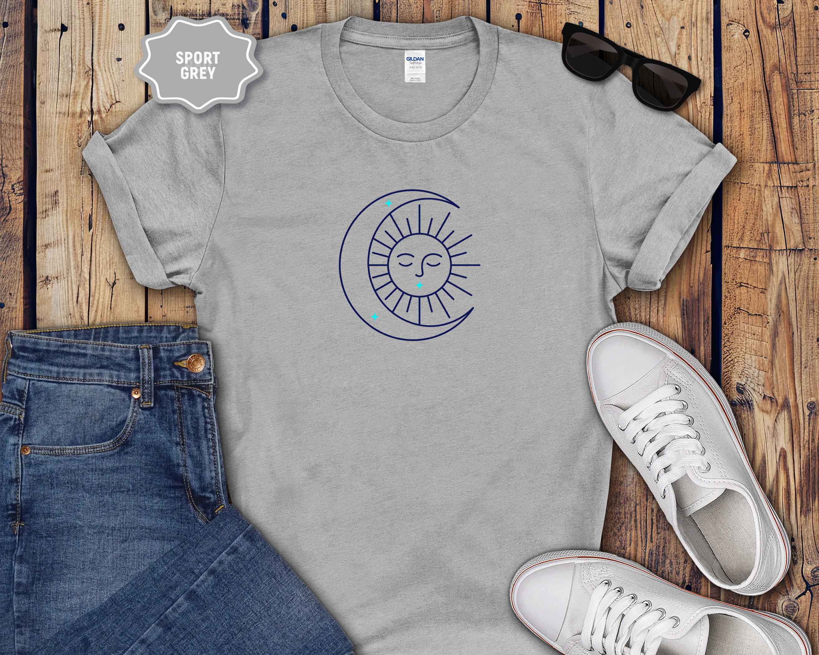 Celestial Sun & Crescent Moon T‑Shirt — Minimal Graphic Tee