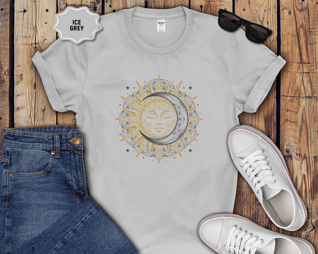 Sun & Moon Graphic T-Shirt — Boho Celestial Tee with Gold Accents