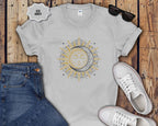 Sun & Moon Graphic T-Shirt — Boho Celestial Tee with Gold Accents