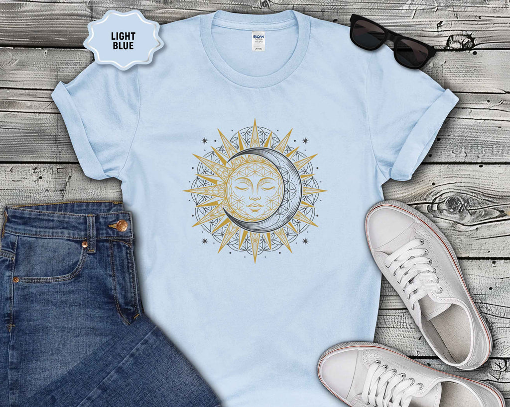 Sun & Moon Graphic T-Shirt — Boho Celestial Tee with Gold Accents
