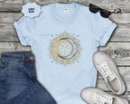 Sun & Moon Graphic T-Shirt — Boho Celestial Tee with Gold Accents