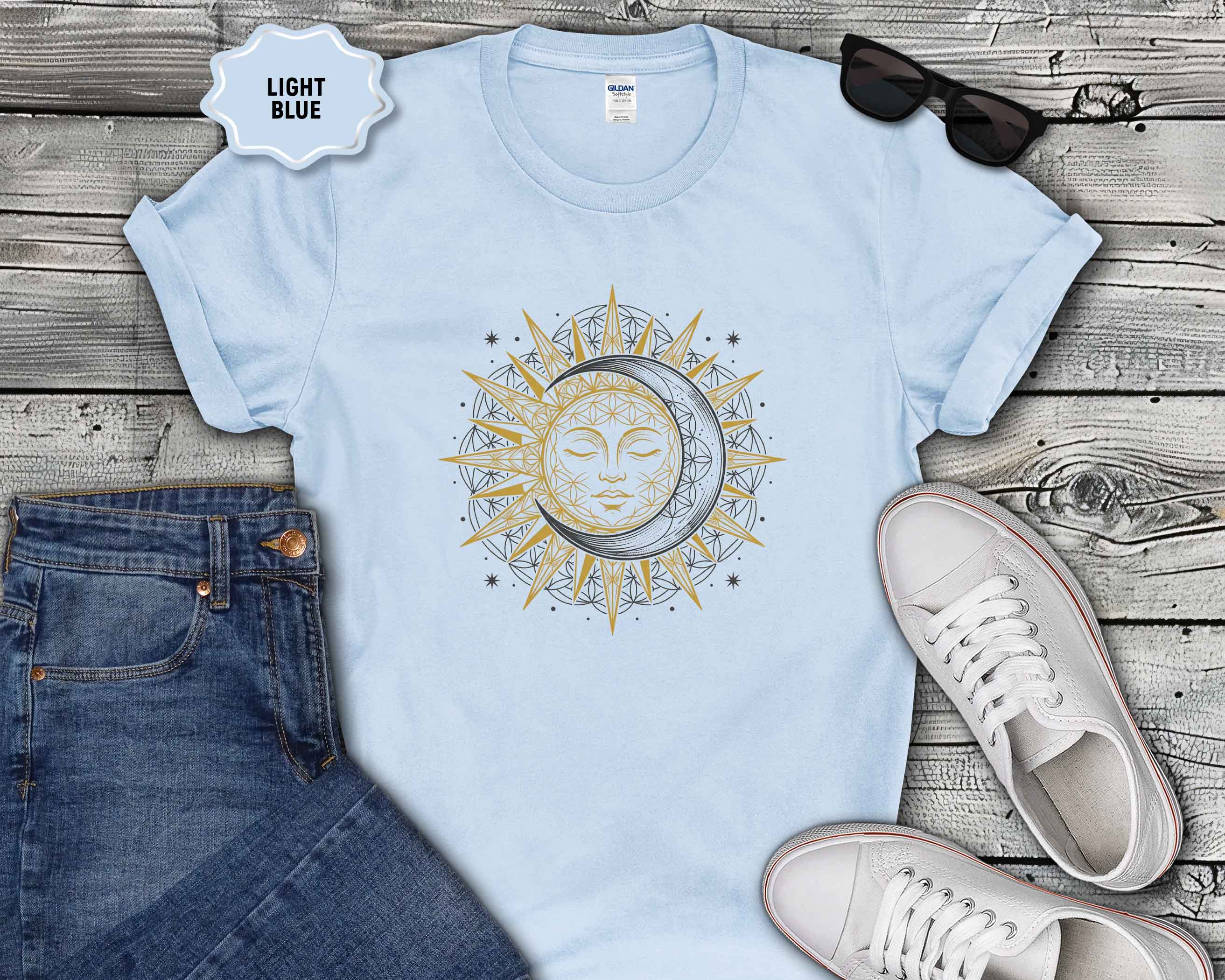 Sun & Moon Graphic T-Shirt — Boho Celestial Tee with Gold Accents