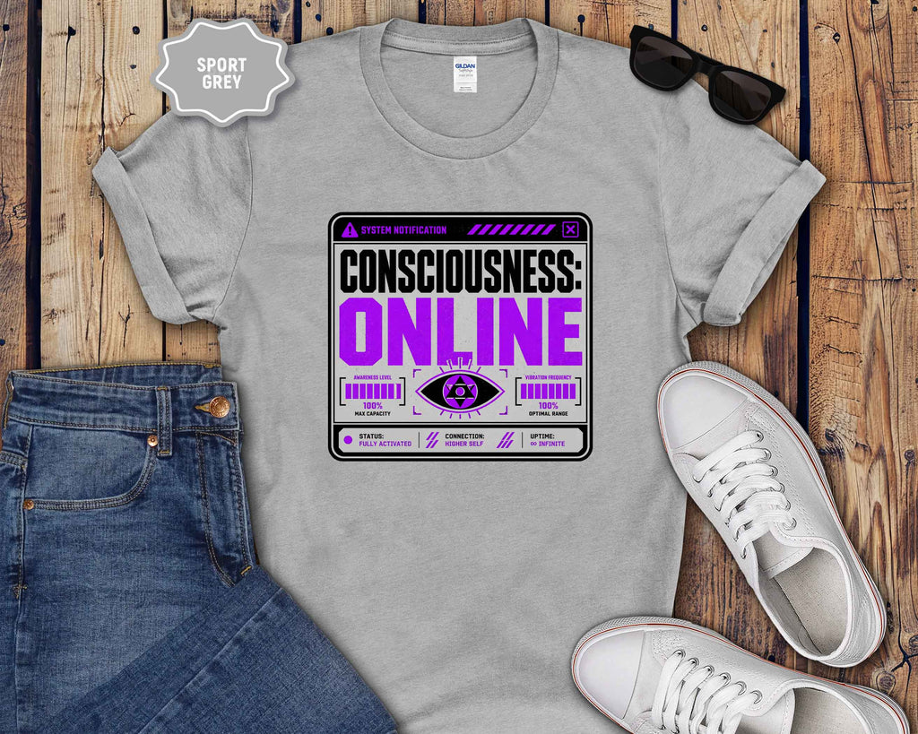 Consciousness: ONLINE Graphic T-Shirt — Retro Cybernetic Violet Design
