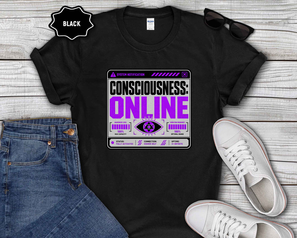 Consciousness: ONLINE Graphic T-Shirt — Retro Cybernetic Violet Design