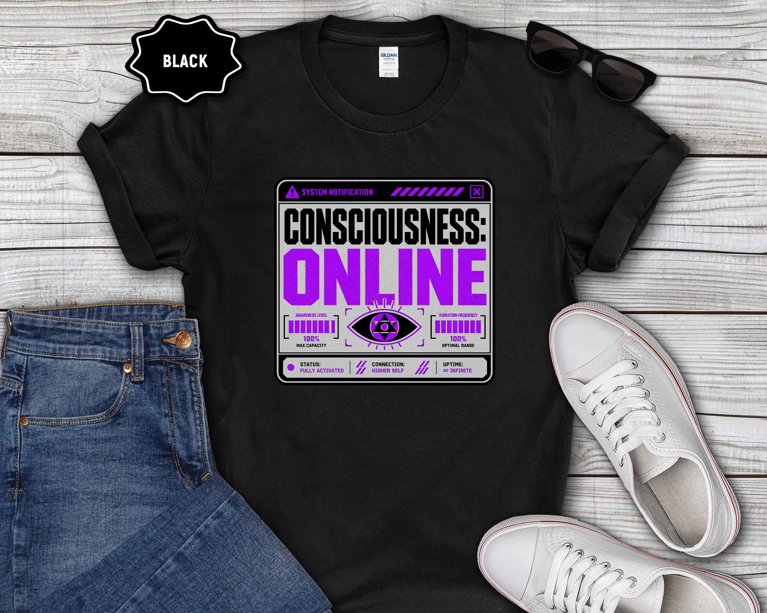 Consciousness: ONLINE Graphic T-Shirt — Retro Cybernetic Violet Design